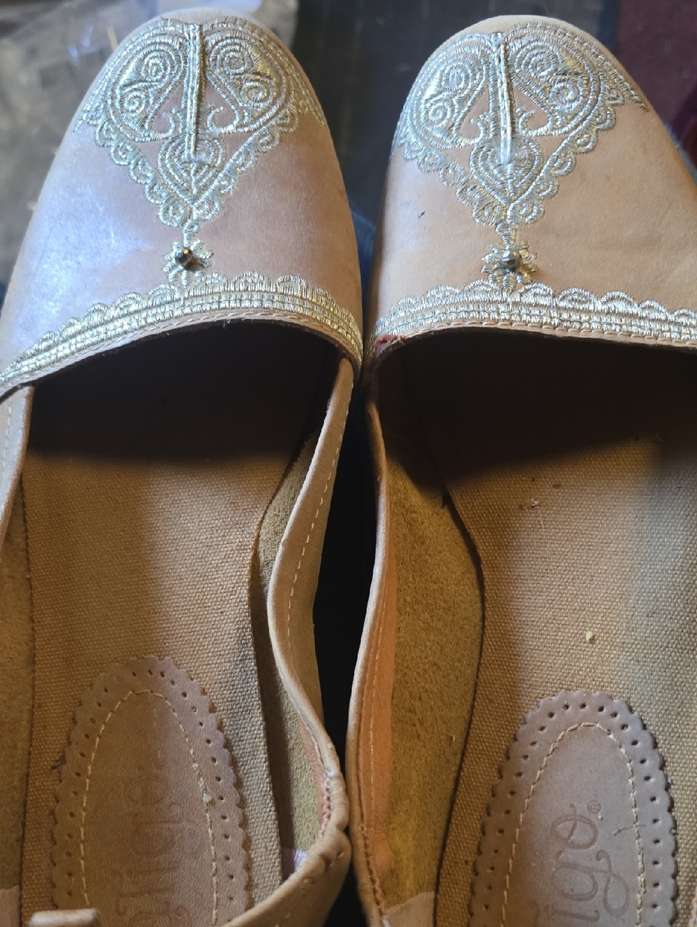 Embellished Tan Women's Slip-On Flats with Gold Detailing